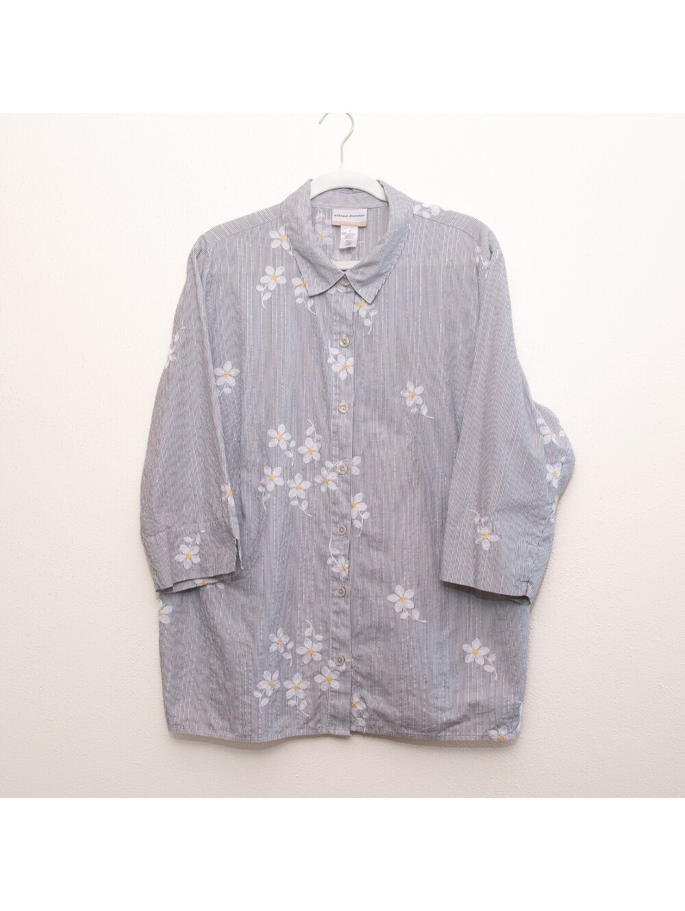 Pinstripe Daisy Embroidered Shirt Cottagecore Grandmacore Preppy Plus Size 1X